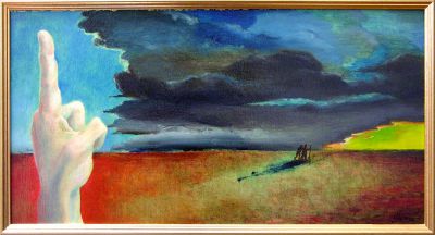 Vertreibung (...und Gott sah, daß es gut war.) (Öl auf Laminat, 34 x 18 cm 2000)