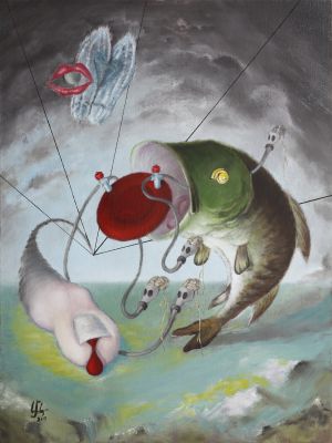 Absolut trockener Fisch, bestehend aus nasser Erde, im Begriff, sein Innenleben im prinzipgeleiteten Amok zu zerstören, das Ganze springend über seinem atmosphärischen Selbstportrait als aus sich herausgehender Asket (Öl auf Sperrholz, 30 x 40 cm 2019)